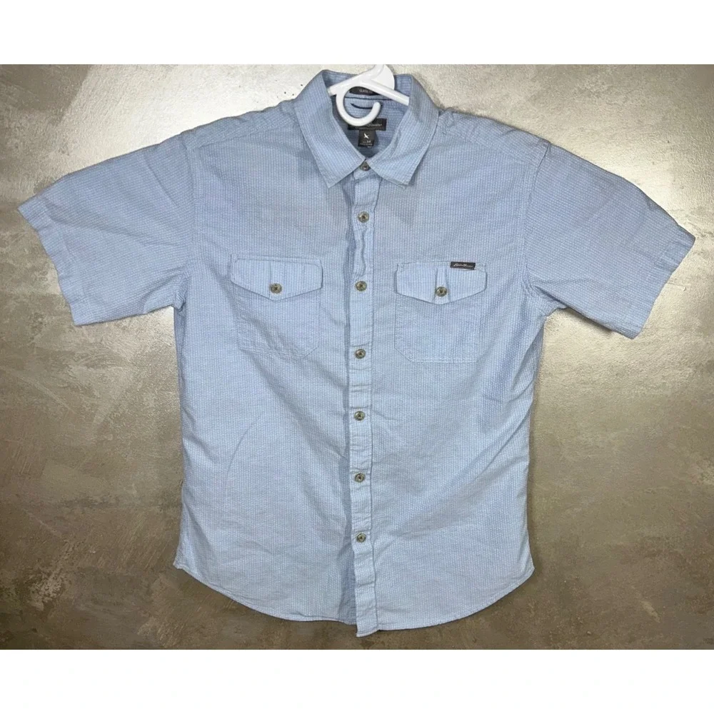 Eddie Bauer Mens Classic Fit Short Sleeve Button Up Shirt Blue Stripe‎ Size M